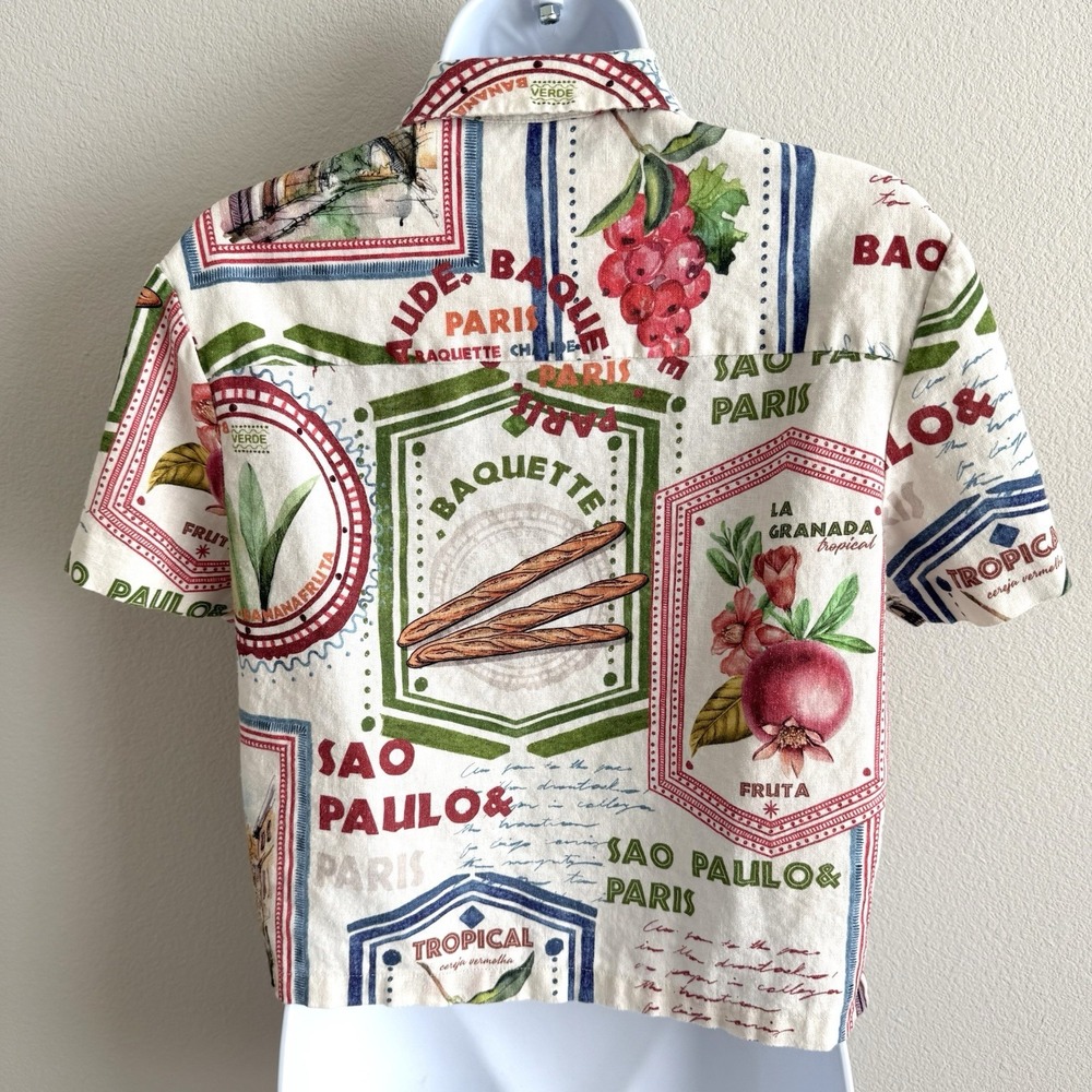 Rachel Zoe Linen Print Top Womens Small Coastal Colorful Paris Travel Vacation - Picture 8 of 11